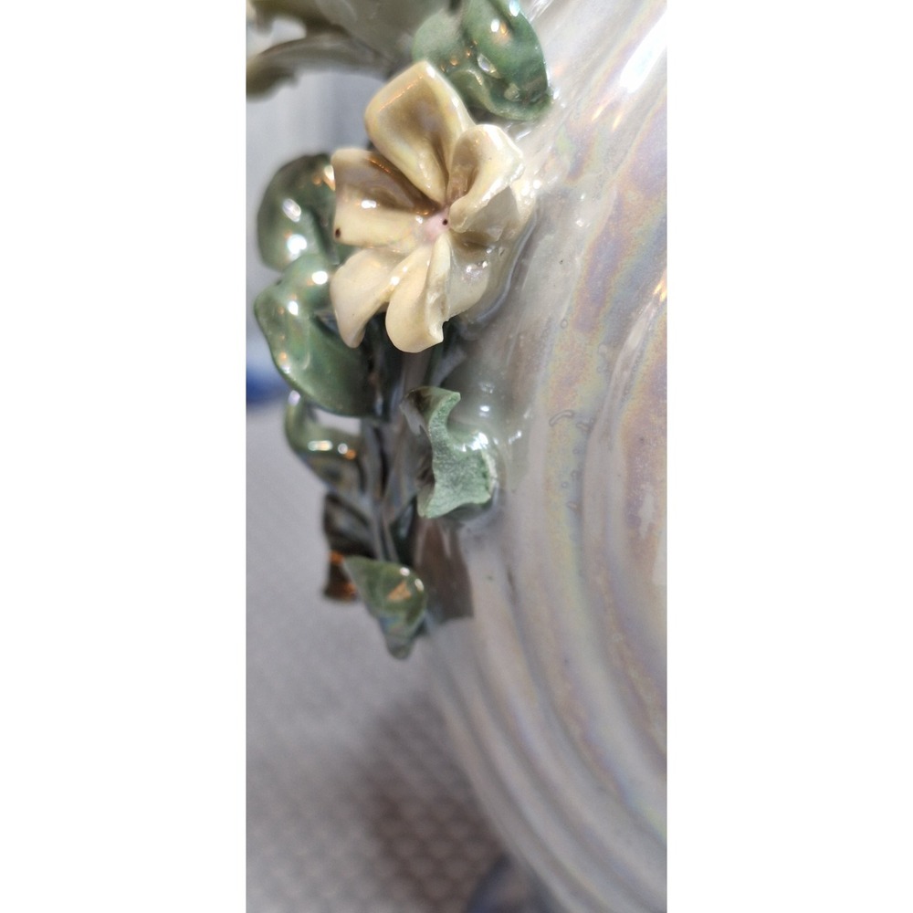 Vintage Lefton Porcelain 2 Handled 3D Floral Vases ~ 7" x 3" Blue Glazed - Picture 6 of 7